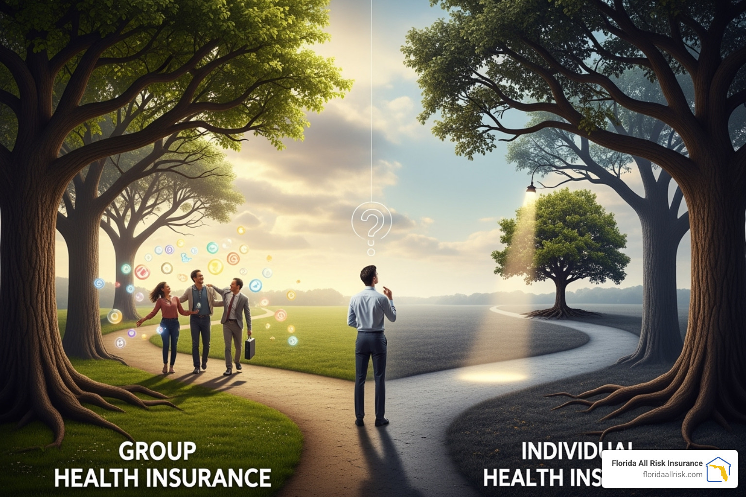 A flowchart guiding a user through questions like "Does your employer offer a plan?" and "Is the employer plan affordable?" to help them decide. - group health insurance vs individual plan