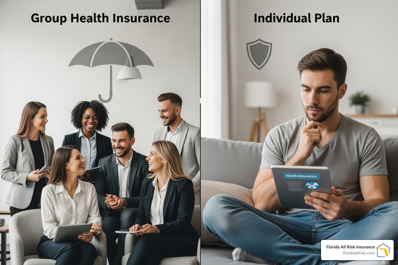 Side-by-side comparison graphic highlighting key differences like 'Purchaser', 'Cost', and 'Portability' - group health insurance vs individual plan