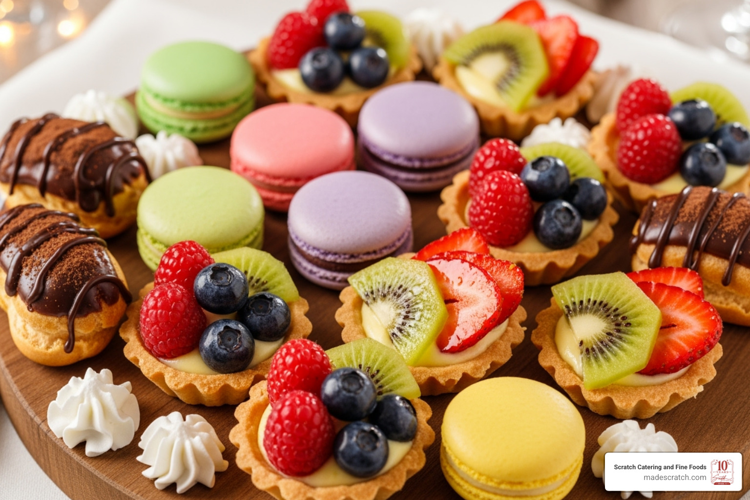 assorted mini desserts like tarts and macarons - Dessert catering Dallas