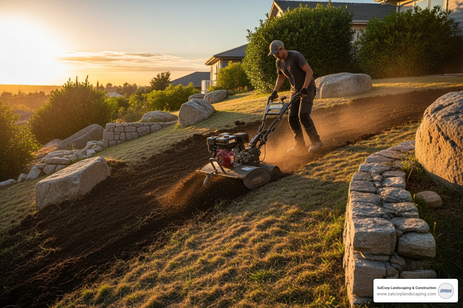 landscaper preparing soil on a sloped yard with obstacles - cost to install sod per sq ft