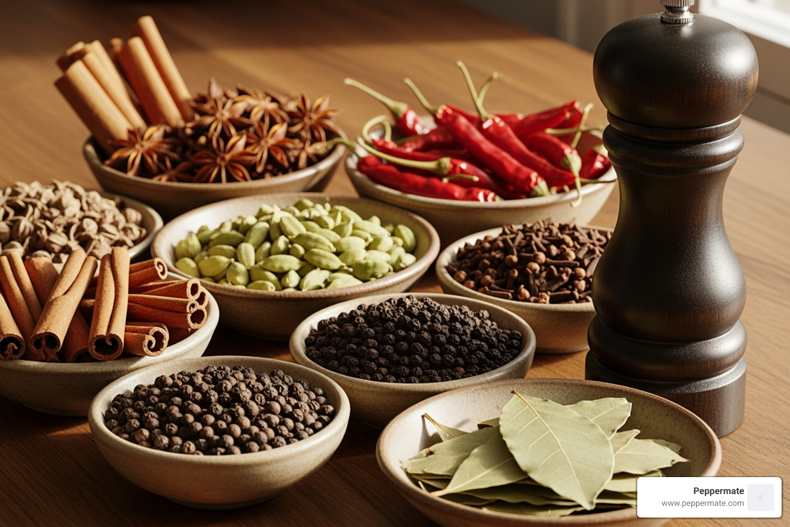 Various whole spices in small bowls next to a pepper mill - can you use a pepper mill to grind spices