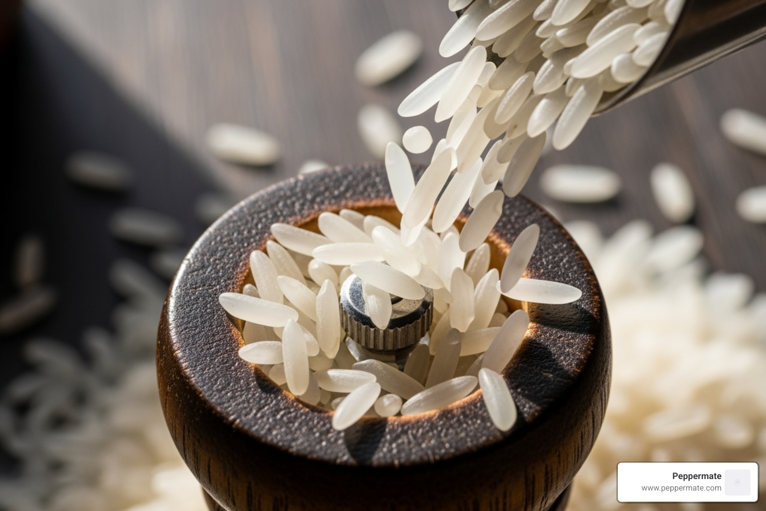 Uncooked white rice being poured into a pepper mill - can you use a pepper mill to grind spices