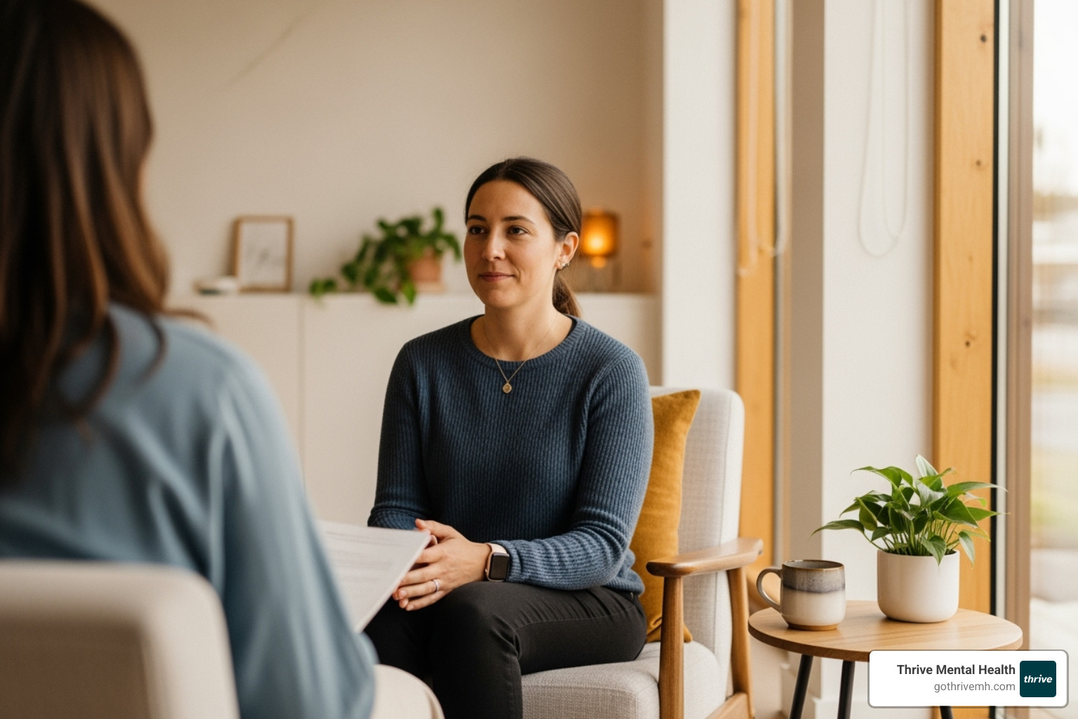 person in therapy session, calm and engaged - ocd symptoms
