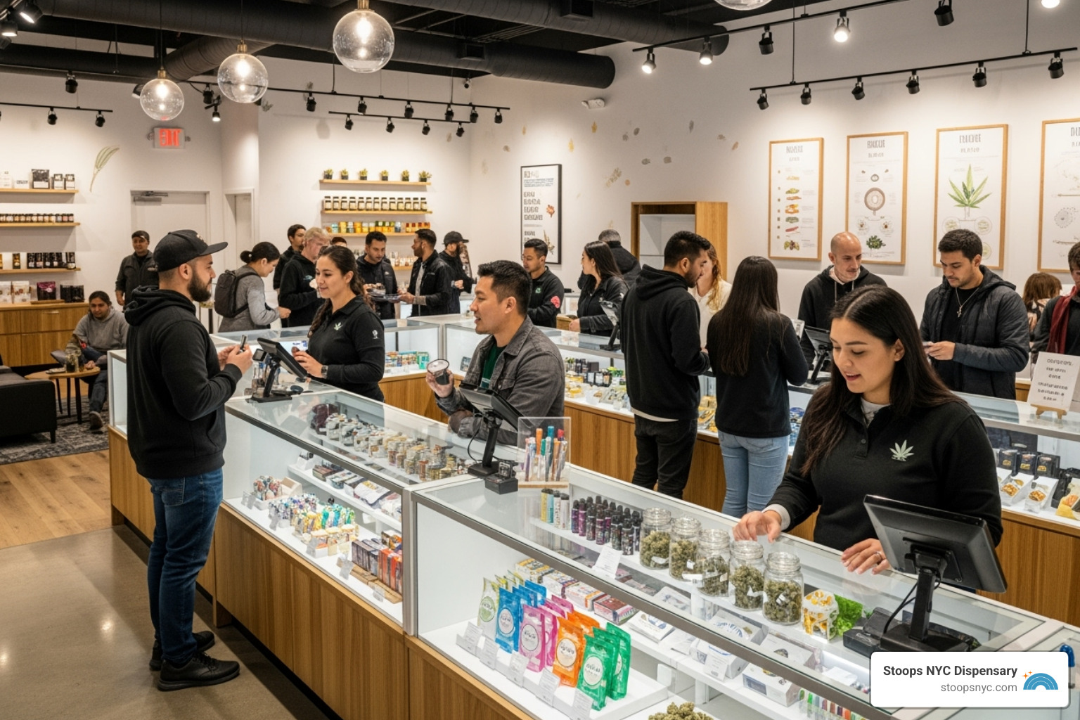 Image of a busy, modern dispensary interior with customers and staff interacting - cannabis facts for budtenders Image of a busy, modern dispensary interior with customers and staff interacting - cannabis facts for budtenders