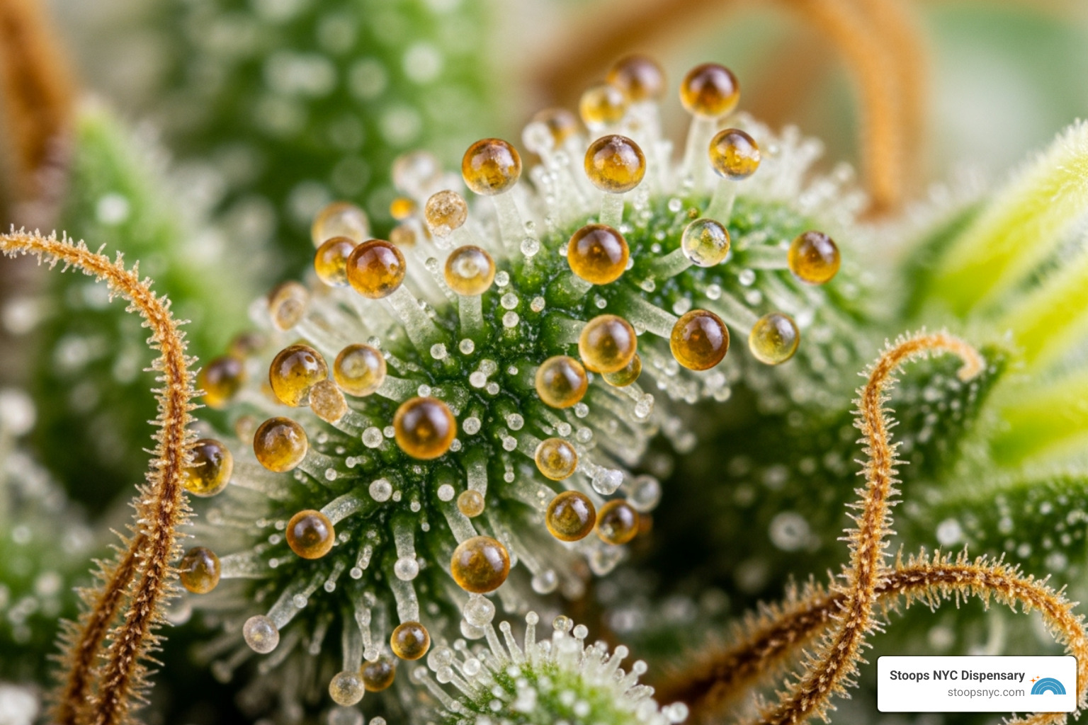 Image of trichomes on a cannabis flower, showing the resin glands - cannabis facts for budtenders Image of trichomes on a cannabis flower, showing the resin glands - cannabis facts for budtenders