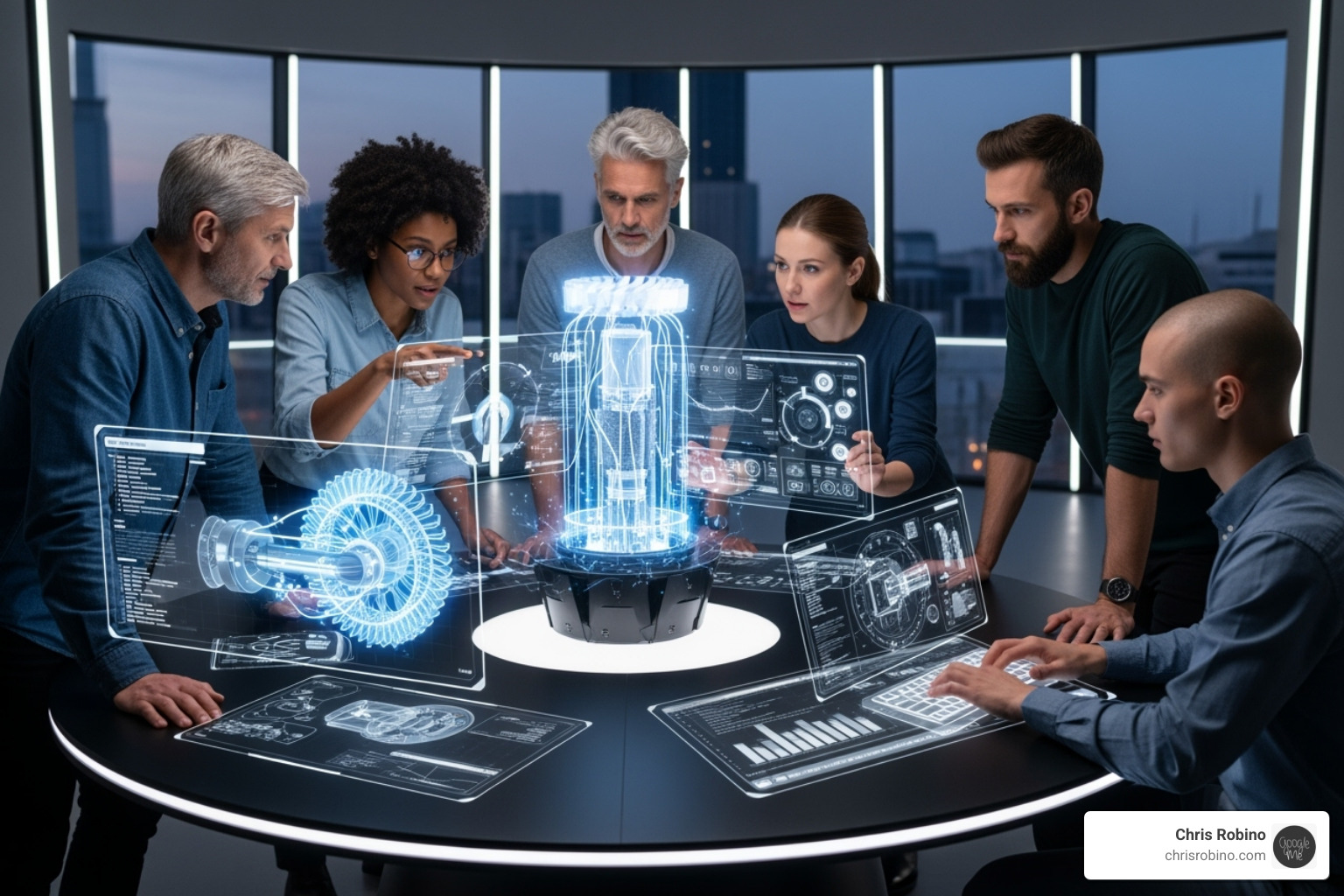 A diverse team collaborating around a futuristic project table, displaying holograms and digital projections of their work - emerging tech insights
