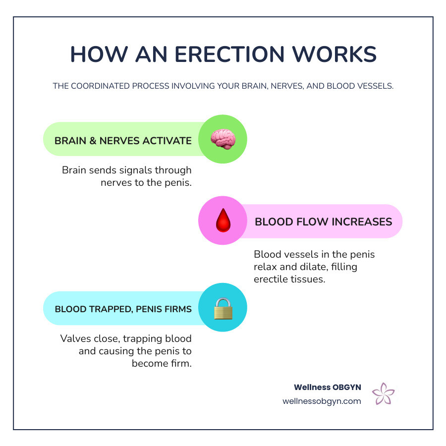 Infographic showing the basic mechanics of an erection: Brain sends signals through nerves, blood vessels dilate, blood flows into penis chambers, valves close to trap blood, resulting in a firm erection - how to get hard infographic infographic-line-3-steps-colors Infographic showing the basic mechanics of an erection: Brain sends signals through nerves, blood vessels dilate, blood flows into penis chambers, valves close to trap blood, resulting in a firm erection - how to get hard infographic infographic-line-3-steps-colors