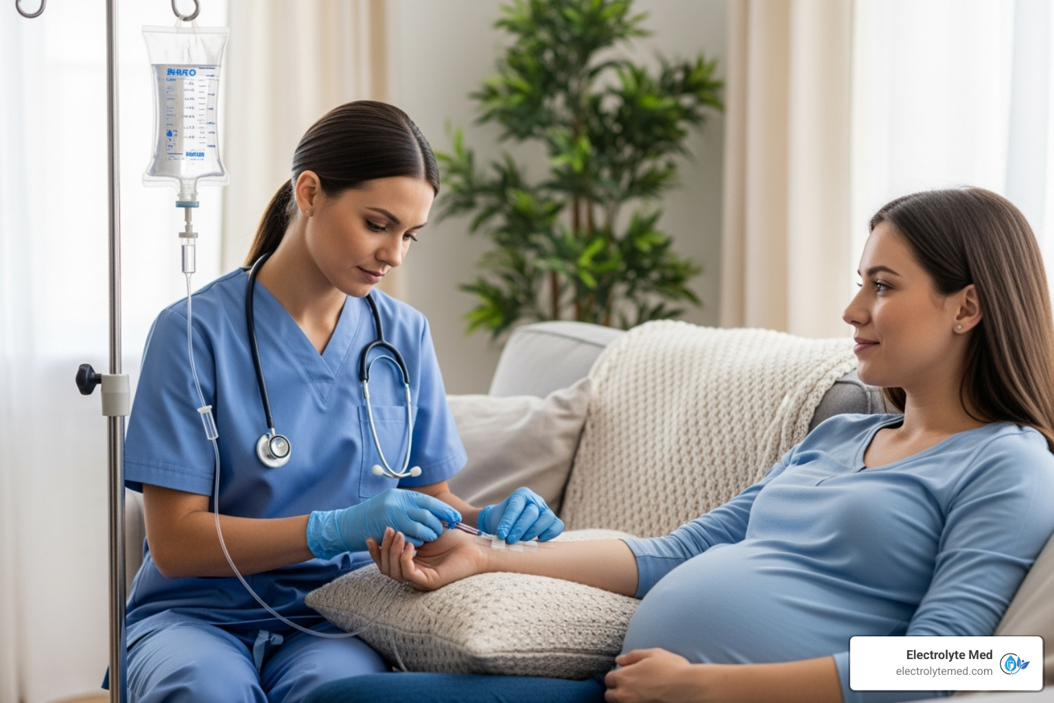 registered nurse professionally administering an IV to a pregnant woman in a comfortable home setting - iv therapy for morning sickness
