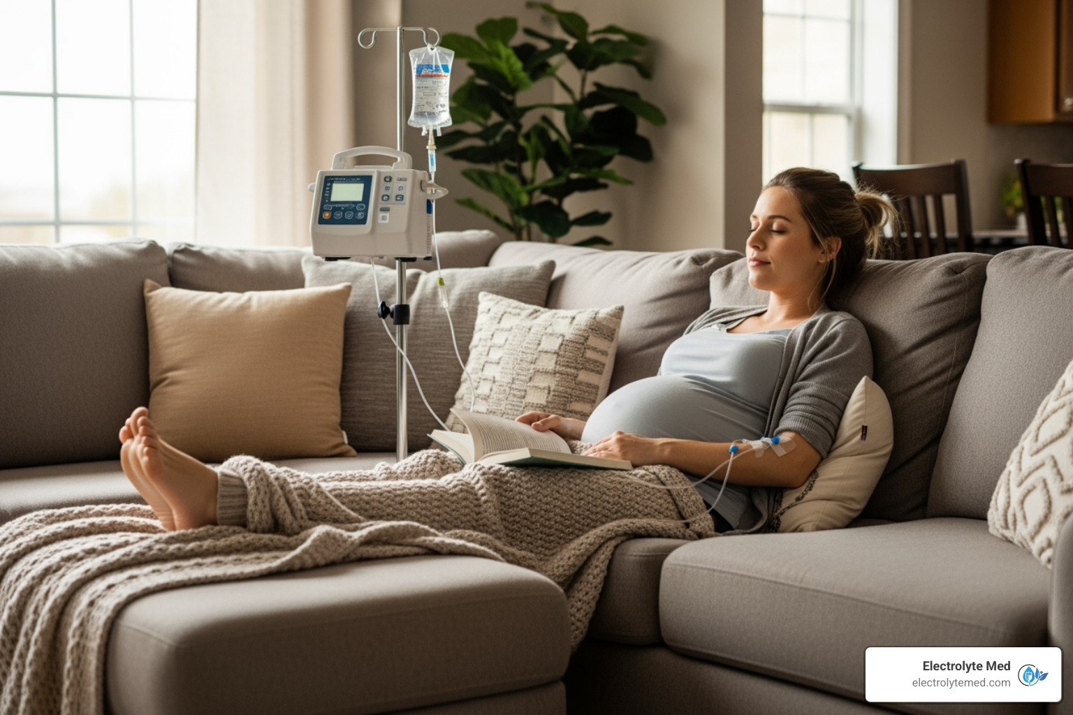 woman relaxing on her couch during a mobile IV therapy session - iv therapy for morning sickness