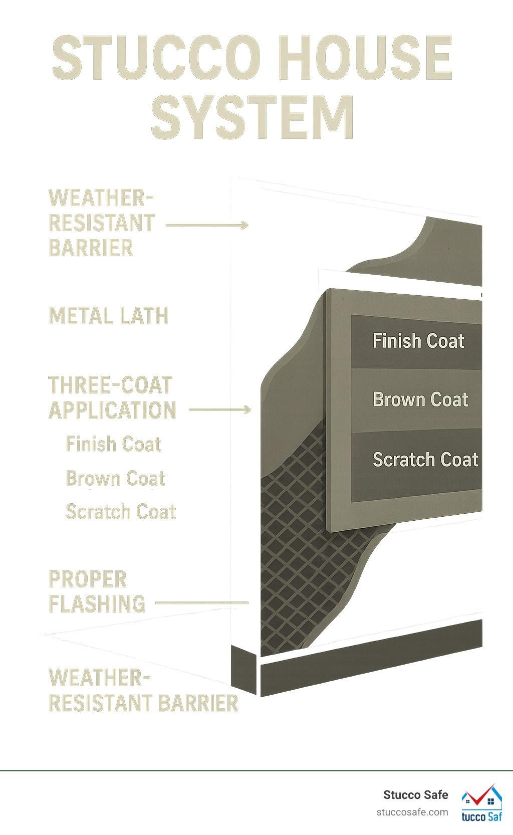 Infographic showing the basic components of a stucco house system: weather-resistant barrier, metal lath, three-coat application (scratch coat, brown coat, finish coat), and proper flashing details around windows and doors - stucco house infographic 