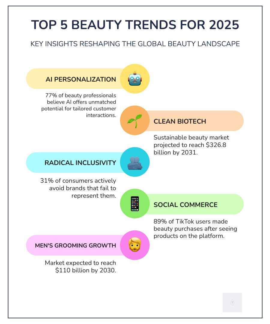 Infographic showing the top 5 beauty trends for 2025: AI Personalization with 77% of professionals believing in its potential, Clean Biotech with $326.8 billion projected market size, Radical Inclusivity with 31% avoiding non-representative brands, Social Commerce with 89% of TikTok users making purchases, and Men's Grooming Growth reaching $110 billion by 2030 - Beauty industry insights infographic infographic-line-5-steps-colors