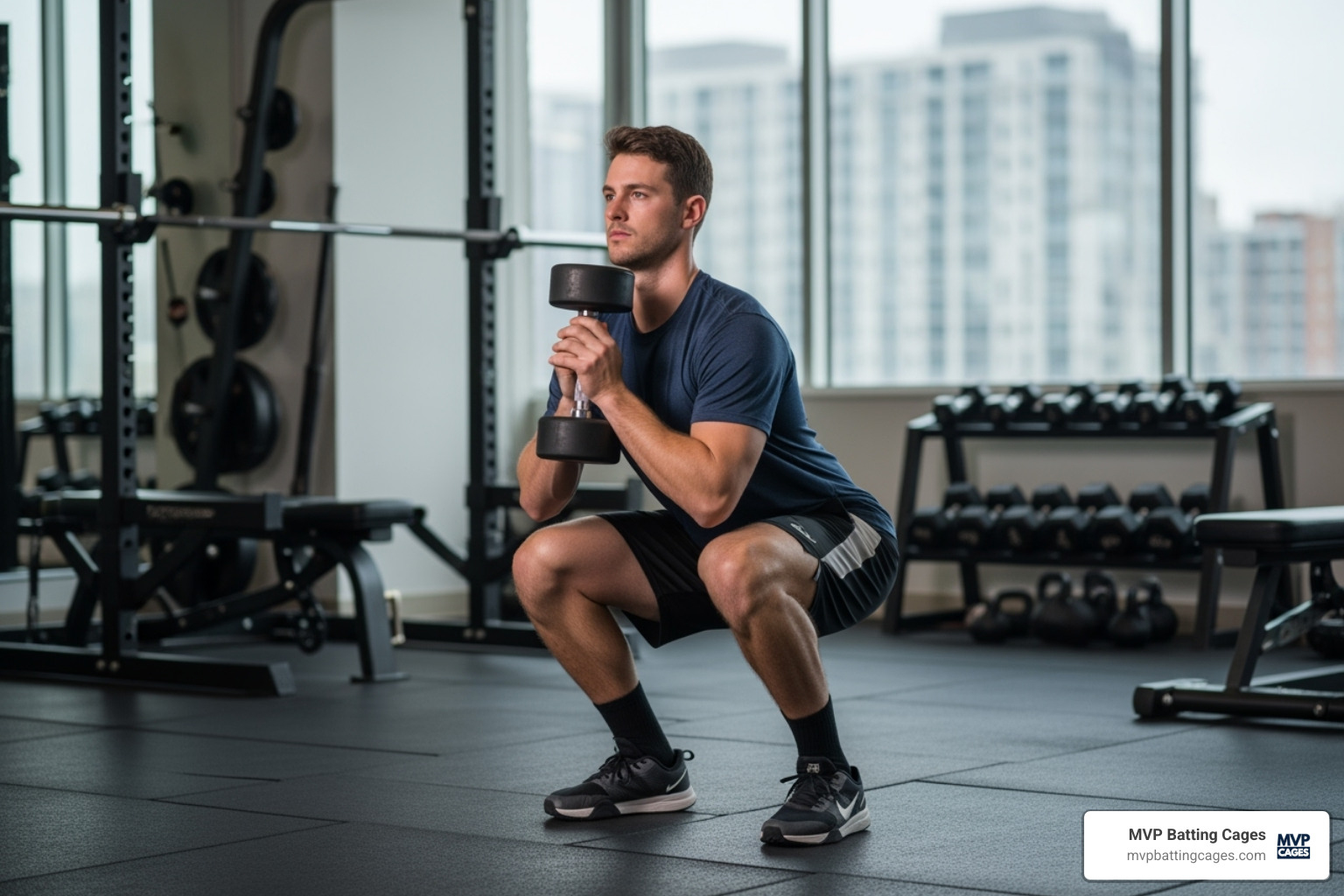 Pitcher doing a goblet squat - baseball pitching strength training