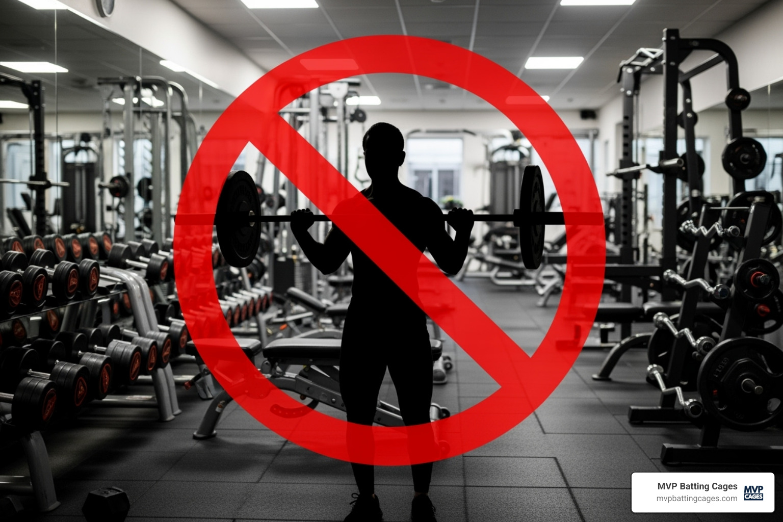 Sign with "No Upright Rows" crossed out - baseball pitching strength training