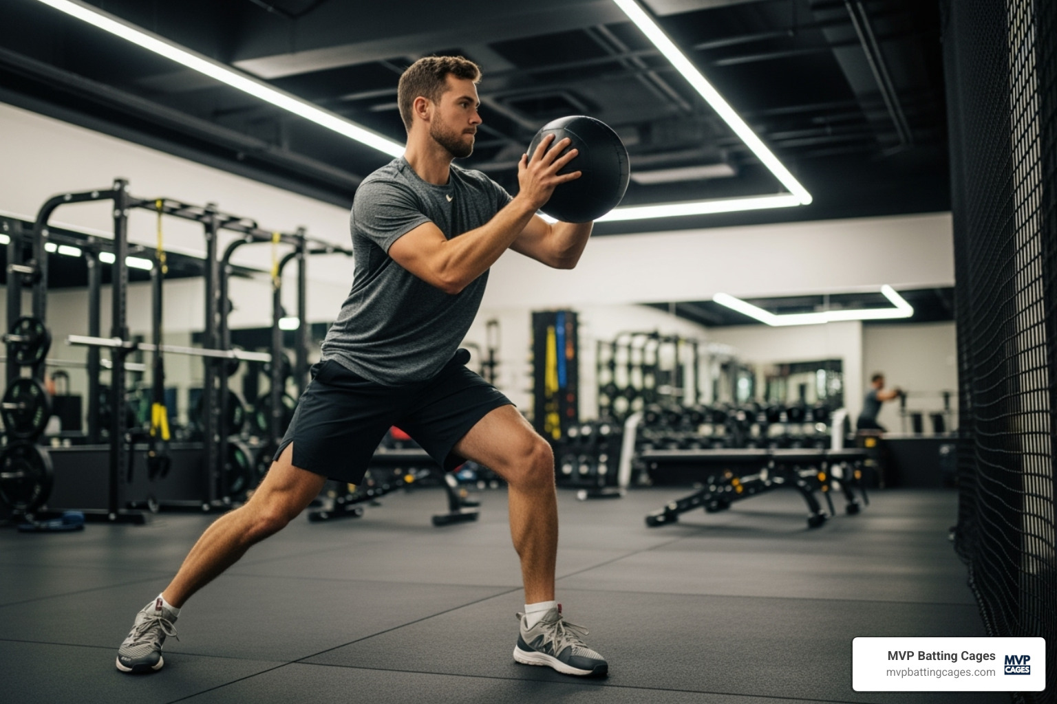 Pitcher performing a medicine ball rotational throw - baseball pitching strength training