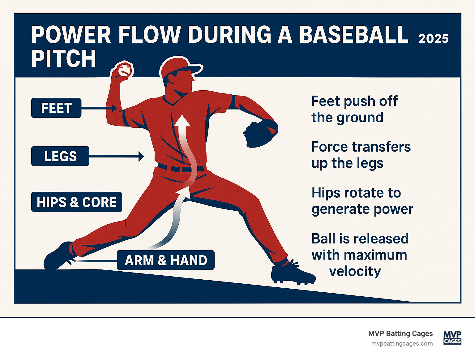 Infographic explaining how power flows through the body during a baseball pitch, from the feet pushing off the ground, up through the legs, hips, and core, and finally through the arm and hand to release the ball with maximum velocity and efficiency - baseball pitching strength training infographic 