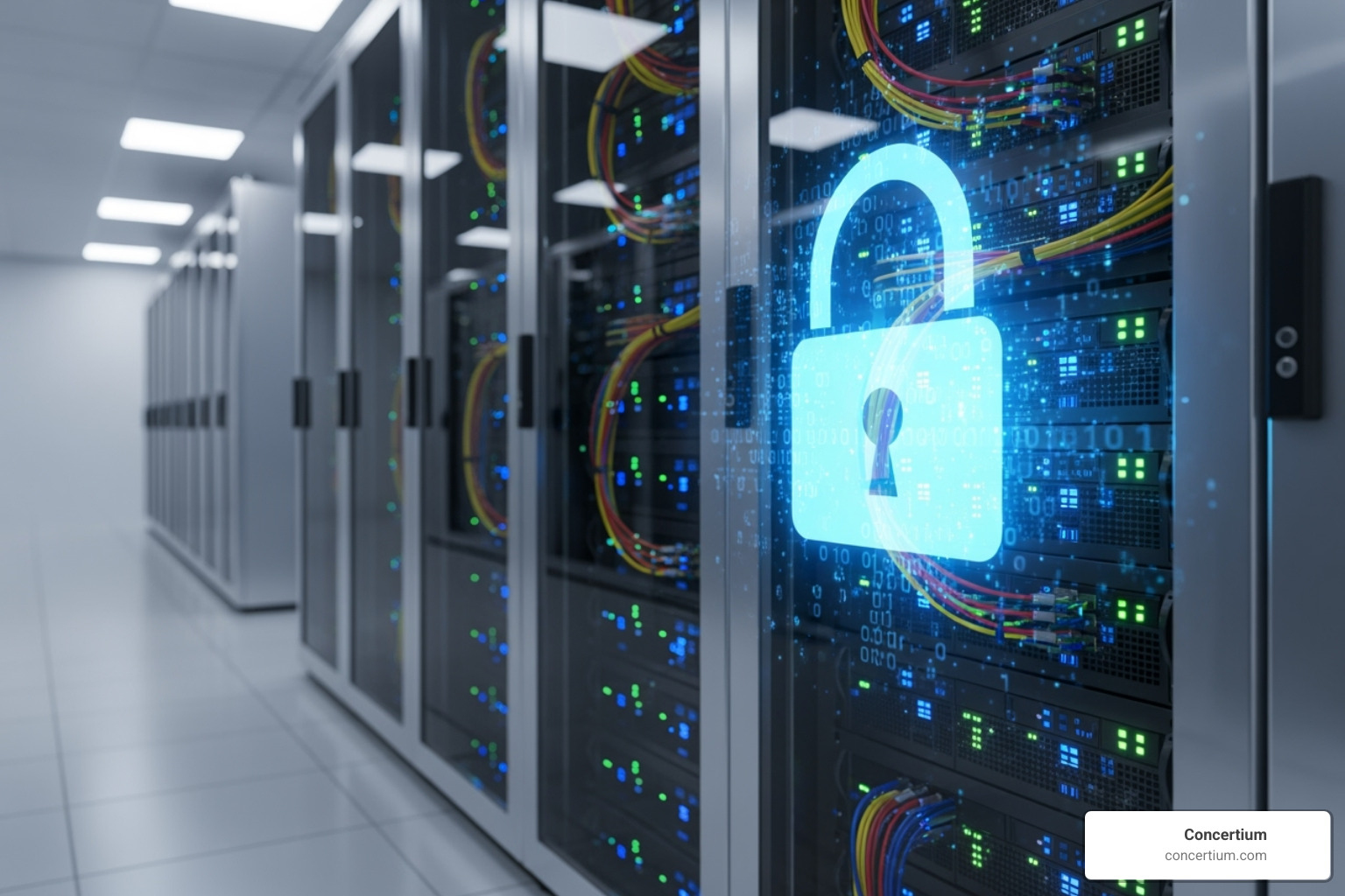 secure data center server rack with a lock icon overlay - co managed it services tampa