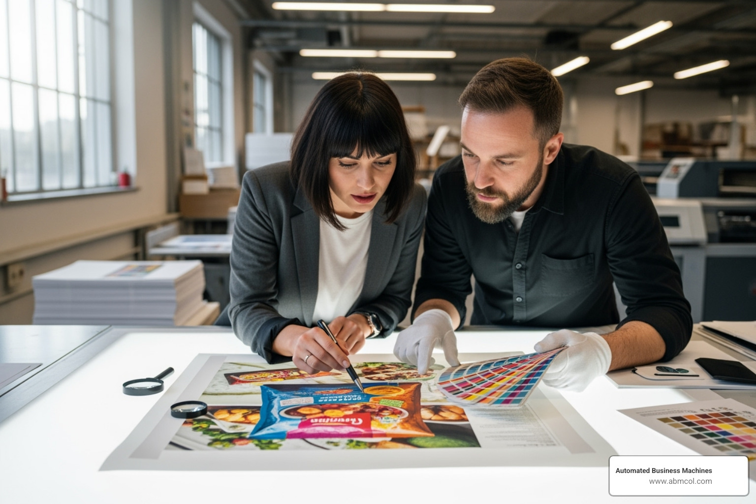 A client and a print professional reviewing a color proof together, showing collaboration and attention to detail in the printing process - Business printing solutions Atlanta
