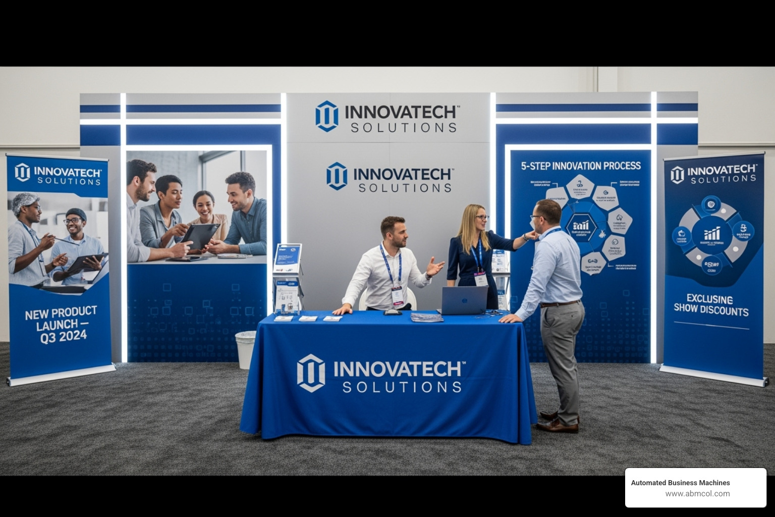 An impactful trade show booth featuring various large format graphics and signs, including a large backdrop, retractable banners, and branded table coverings - Business printing solutions Atlanta