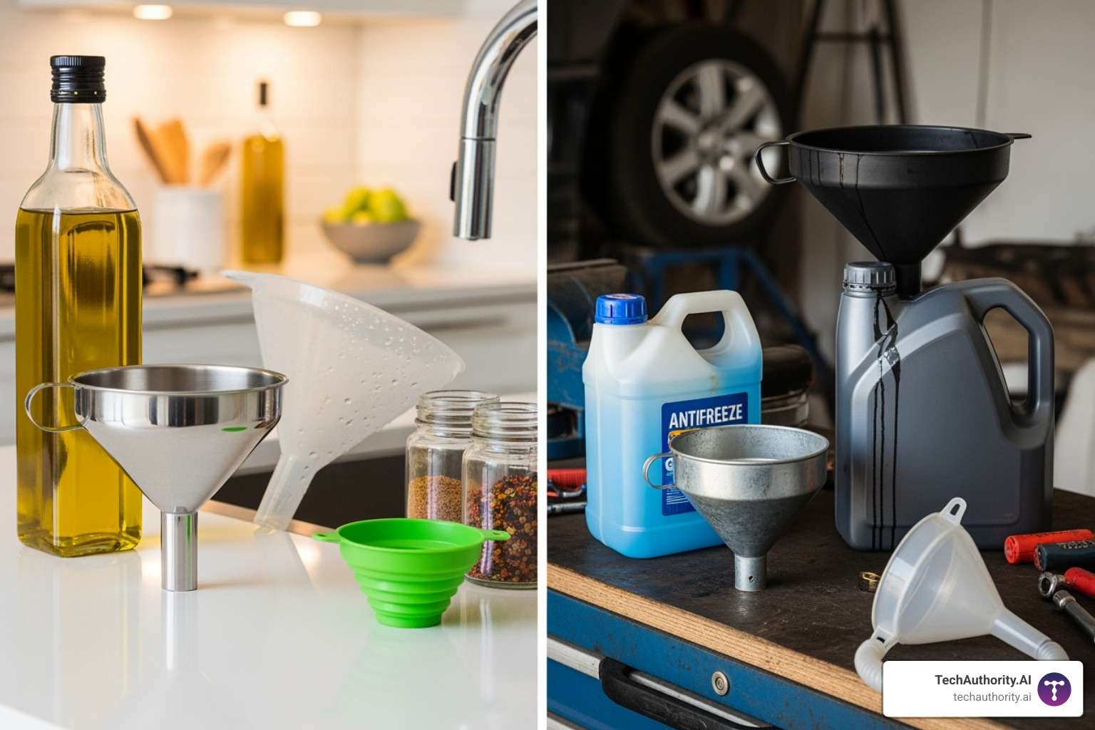 various funnels in a kitchen and garage setting - funnel definition
