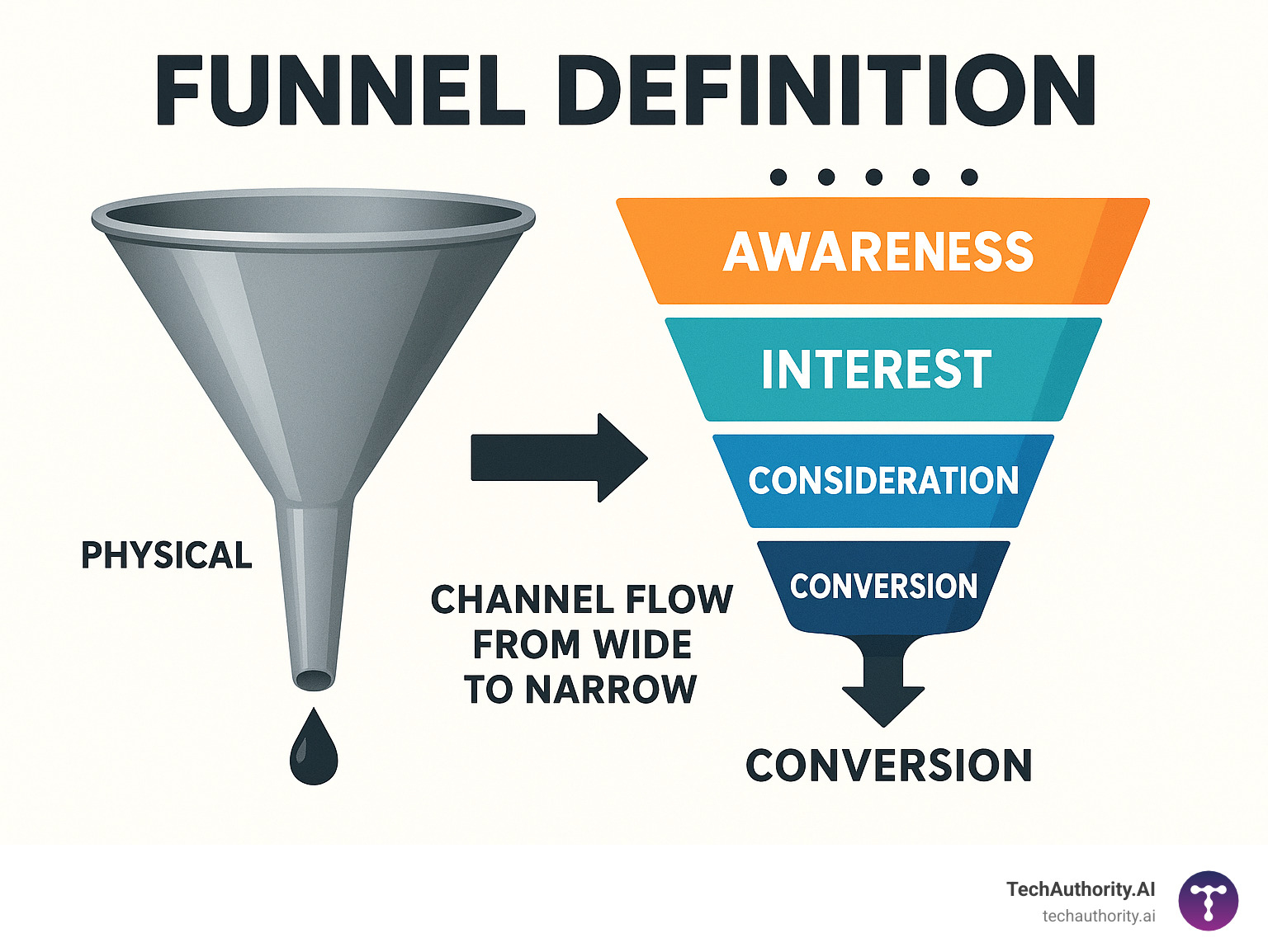 Infographic showing a physical funnel next to a marketing funnel diagram, illustrating the wide top representing awareness stage with many prospects, narrowing down through interest and consideration stages, and ending with a narrow bottom showing conversions and sales, demonstrating how both channel flow from wide to narrow - funnel definition infographic 