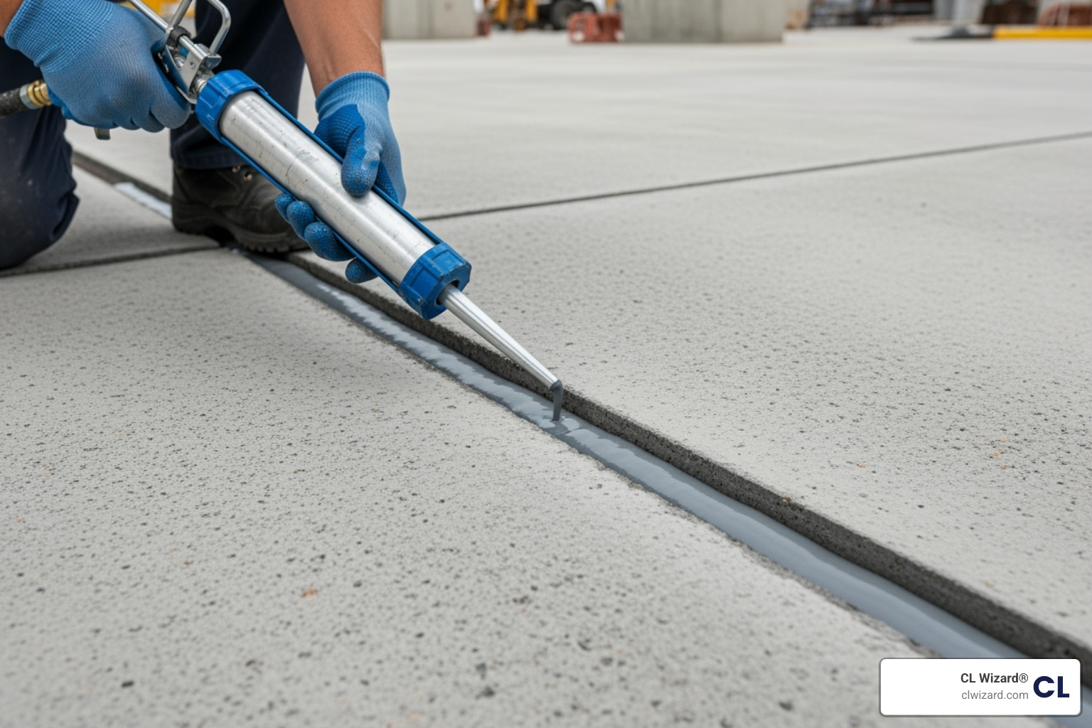 Technician injecting sealant into a concrete expansion joint - expansion joint leak repair