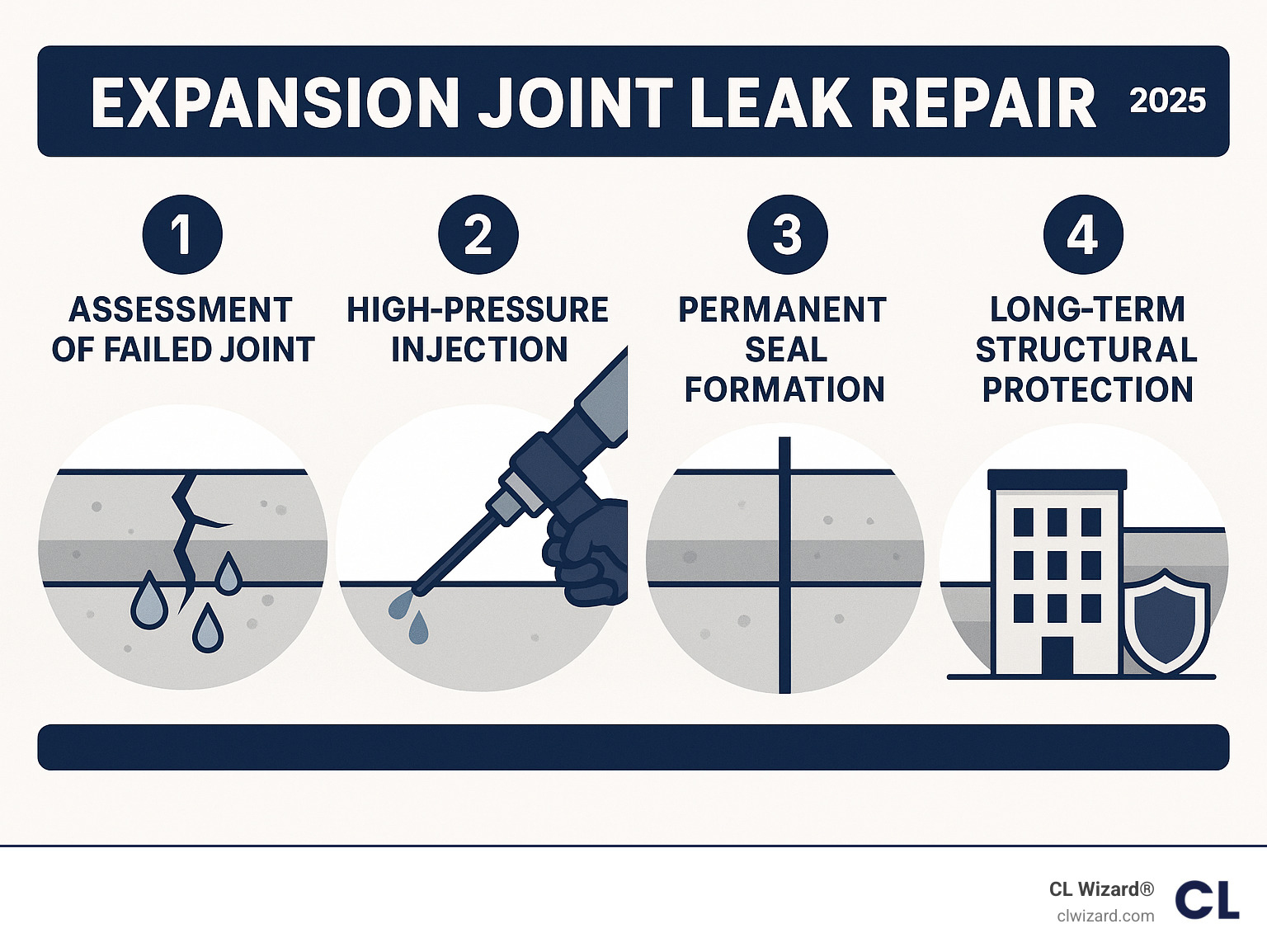 Infographic showing expansion joint leak repair process: assessment of failed joint, high-pressure injection of specialized polymer, permanent seal formation, and long-term structural protection - expansion joint leak repair infographic 