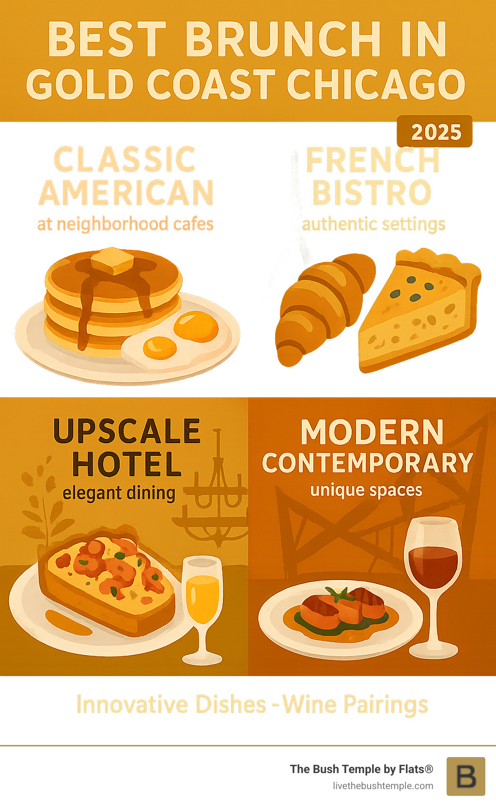 Infographic showing four distinct brunch styles in Gold Coast Chicago: Classic American featuring pancakes and eggs benedict at neighborhood cafes, French Bistro with croissants and quiche in authentic Parisian settings, Upscale Hotel dining with lobster toast and bottomless mimosas in neat dining rooms, and Modern Contemporary with innovative dishes and wine pairings in unique architectural spaces - best brunch in gold coast chicago infographic Infographic showing four distinct brunch styles in Gold Coast Chicago: Classic American featuring pancakes and eggs benedict at neighborhood cafes, French Bistro with croissants and quiche in authentic Parisian settings, Upscale Hotel dining with lobster toast and bottomless mimosas in neat dining rooms, and Modern Contemporary with innovative dishes and wine pairings in unique architectural spaces - best brunch in gold coast chicago infographic