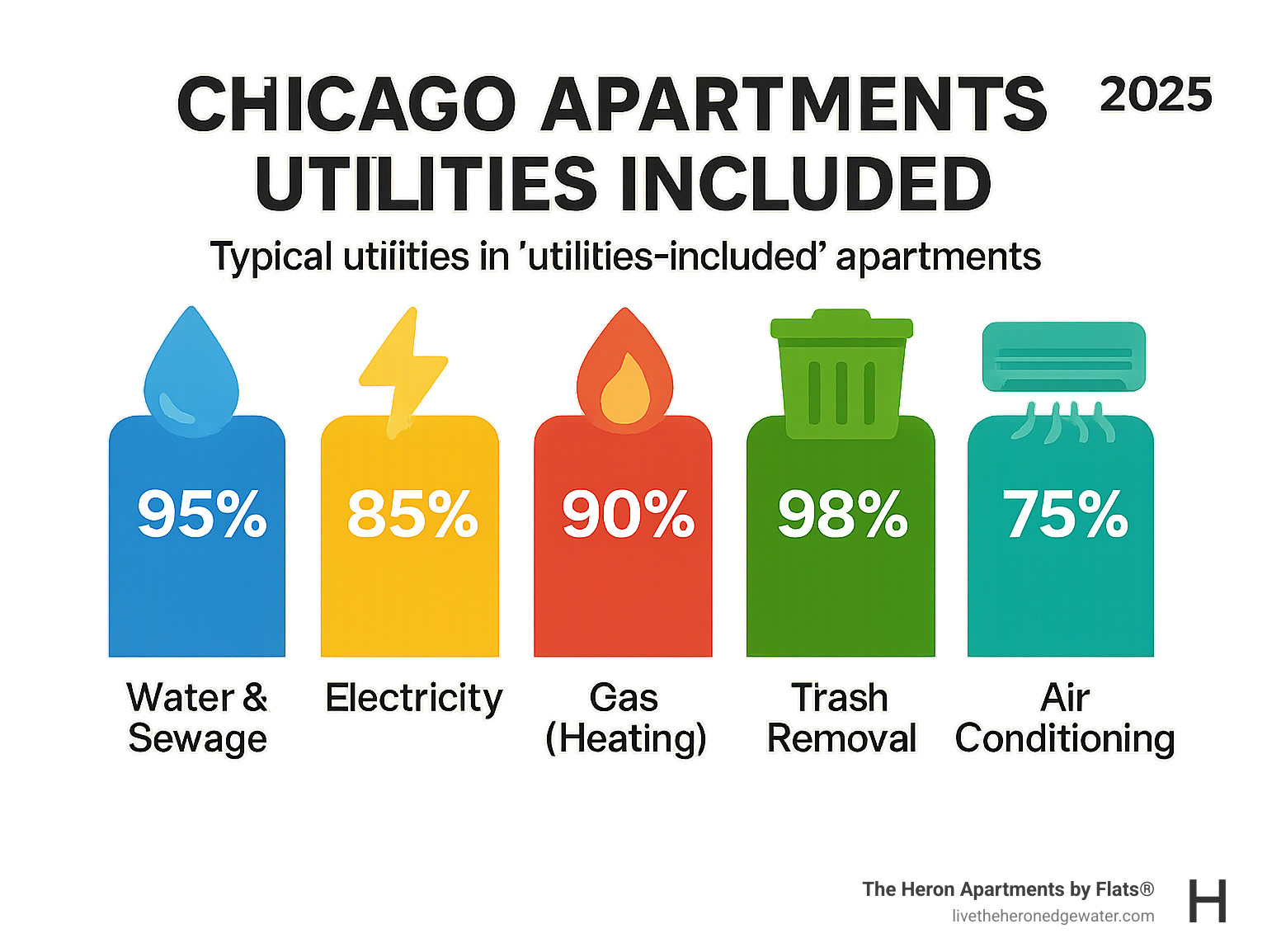 Infographic showing the breakdown of typical utilities included in Chicago apartment rentals: water and sewage at 95% of properties, electricity at 85%, gas heating at 90%, trash removal at 98%, and air conditioning at 75% of utilities-included apartments - Chicago apartments utilities included infographic Infographic showing the breakdown of typical utilities included in Chicago apartment rentals: water and sewage at 95% of properties, electricity at 85%, gas heating at 90%, trash removal at 98%, and air conditioning at 75% of utilities-included apartments - Chicago apartments utilities included infographic