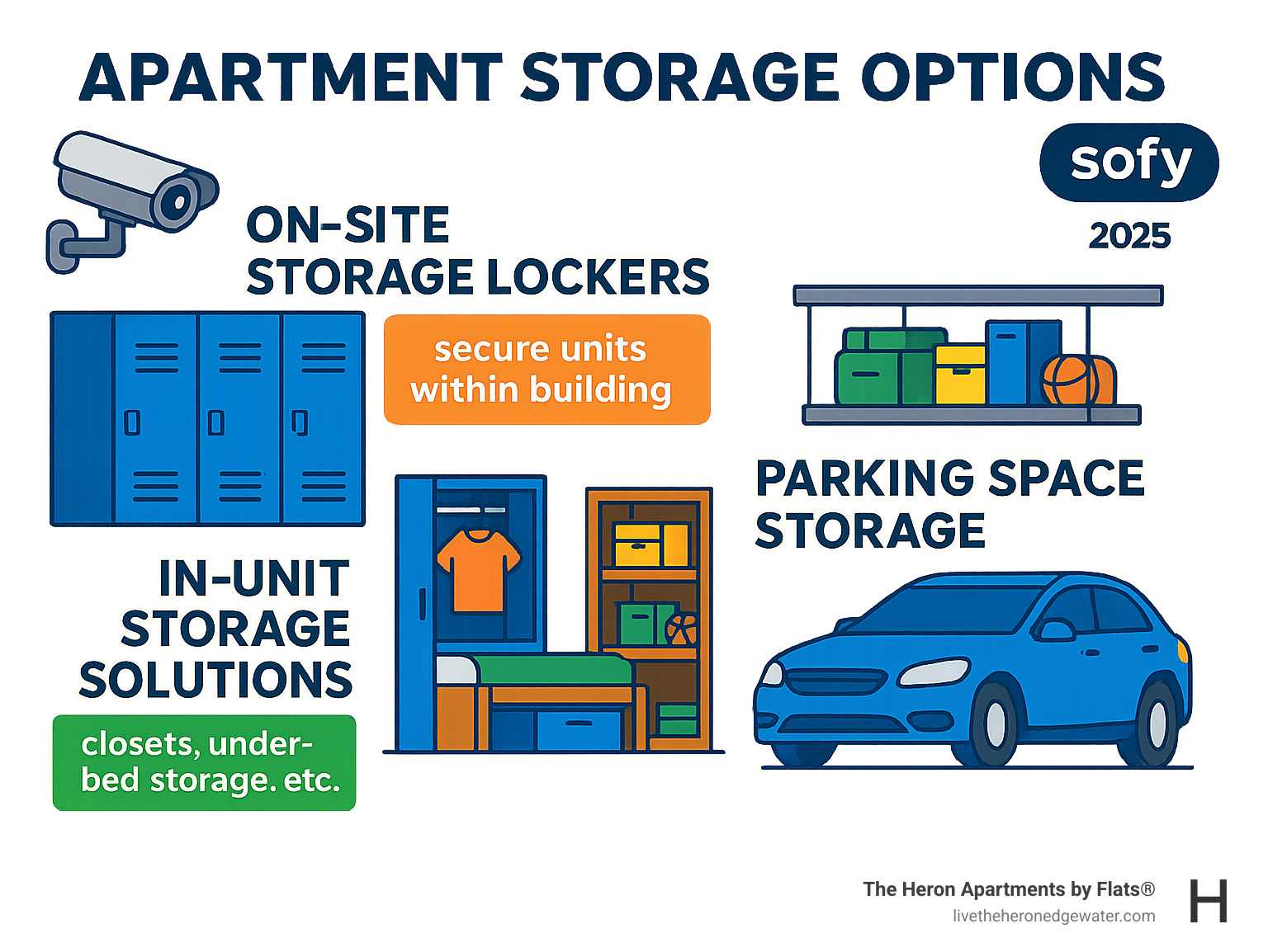 Comprehensive breakdown of apartment storage types, showing on-site lockers, in-unit solutions, and innovative parking space storage with security features and typical uses - apartments with storage units infographic Comprehensive breakdown of apartment storage types, showing on-site lockers, in-unit solutions, and innovative parking space storage with security features and typical uses - apartments with storage units infographic