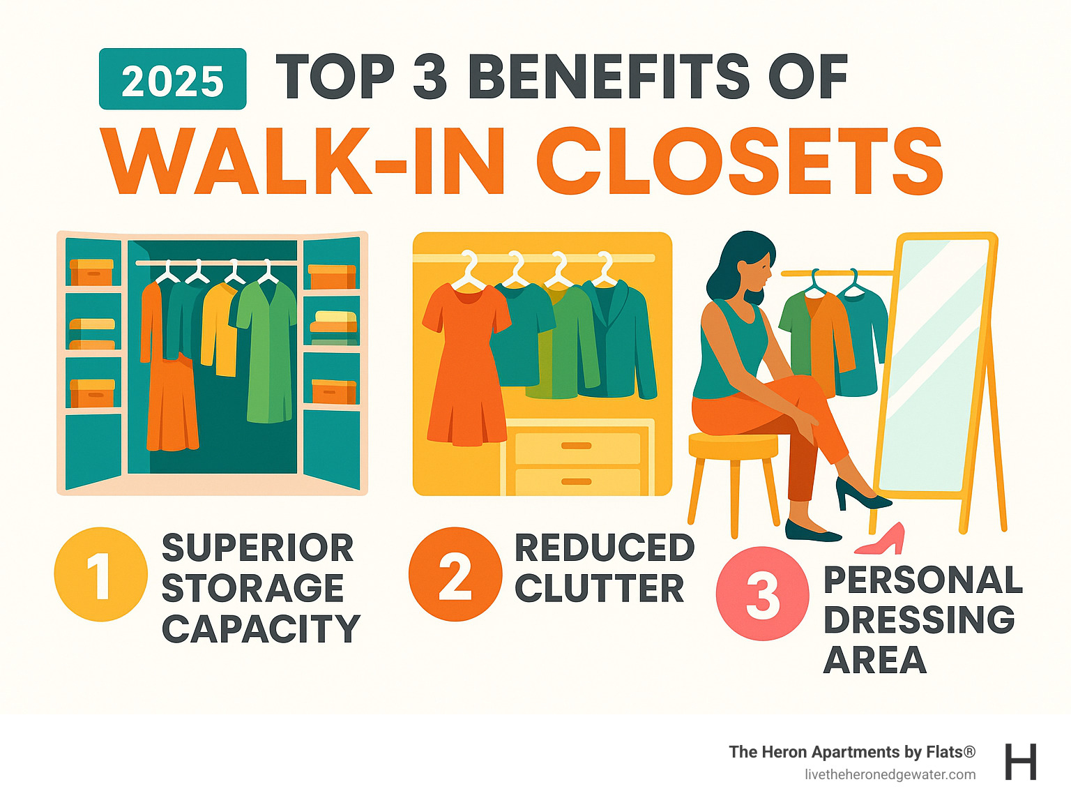 Infographic showing the top 3 benefits of walk-in closets: superior storage capacity with multiple walls for organization, reduced clutter by keeping all clothing in one dedicated space, and personal dressing area for getting ready and planning outfits - apartments with walk in closets infographic 
