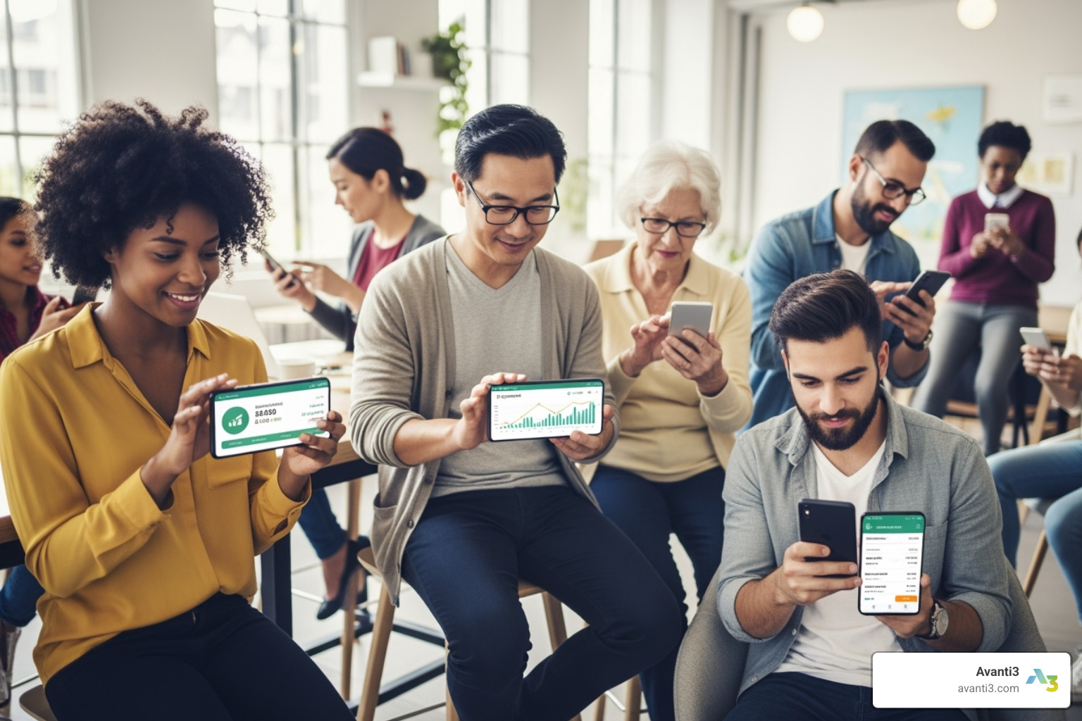 A diverse group of customers using mobile banking apps - fintech integration with banks