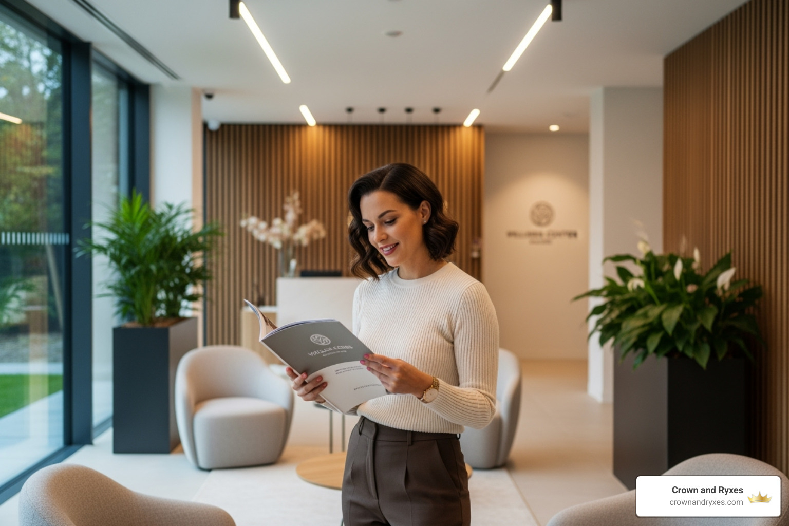 woman confidently looking at a brochure in a wellness center lobby - women's wellness center