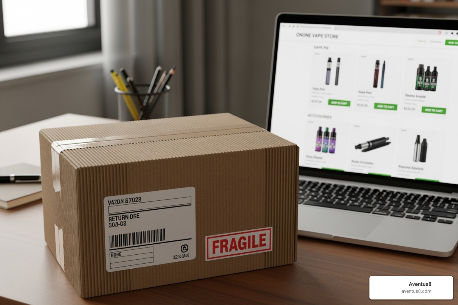 Image of a discreet shipping package next to a laptop displaying an online vape store - buy THC vapes