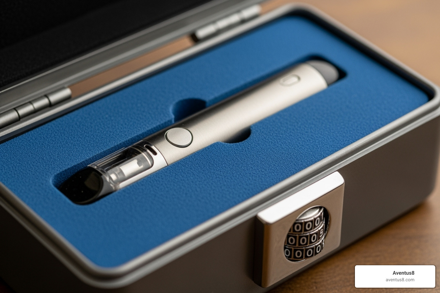 Image of a THC vape pen stored securely in a locked box away from other items - buy THC vapes