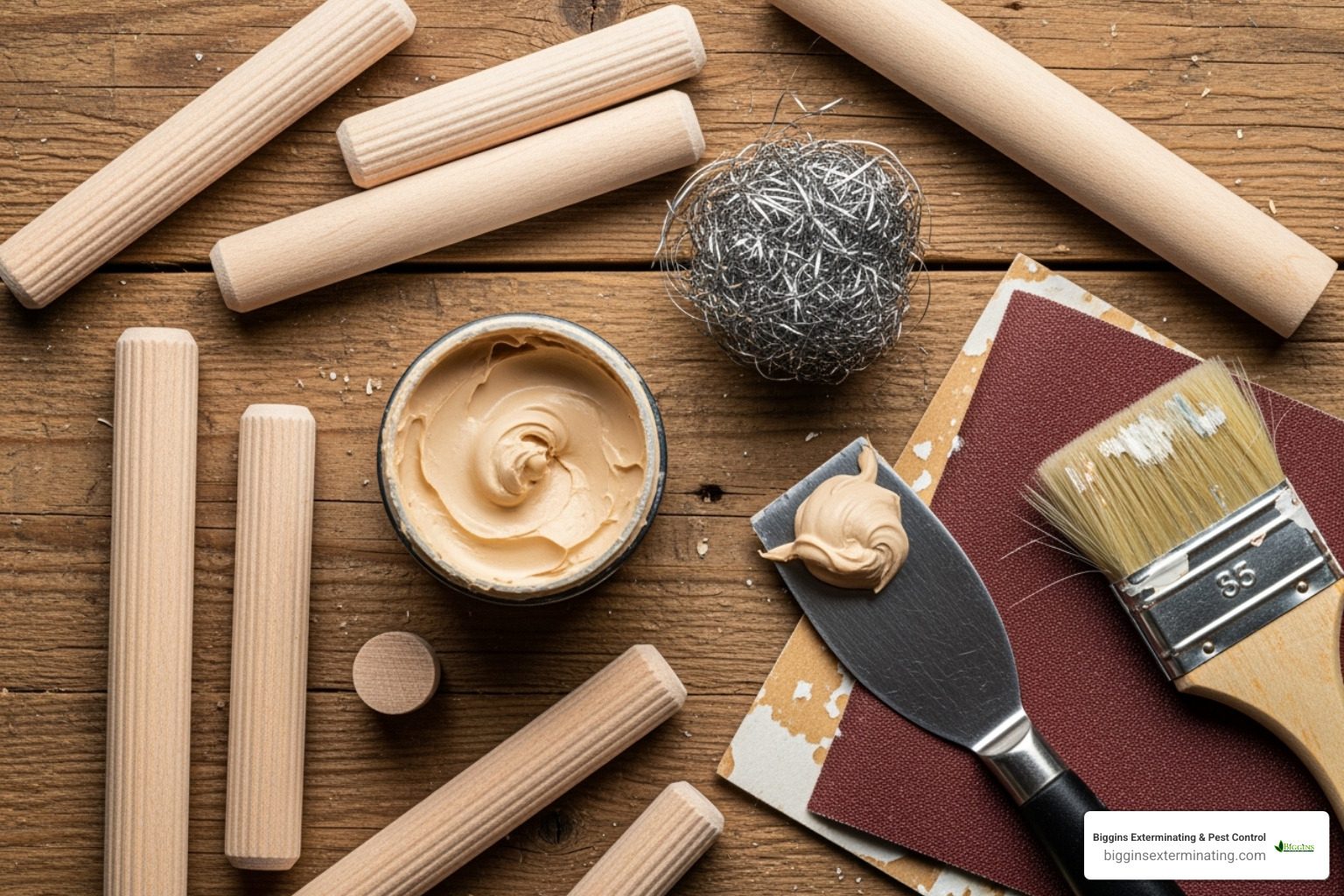 Materials needed for filling holes: wood putty, dowels, steel wool, putty knife, sandpaper, and paint brush. - best way to fill carpenter bee holes