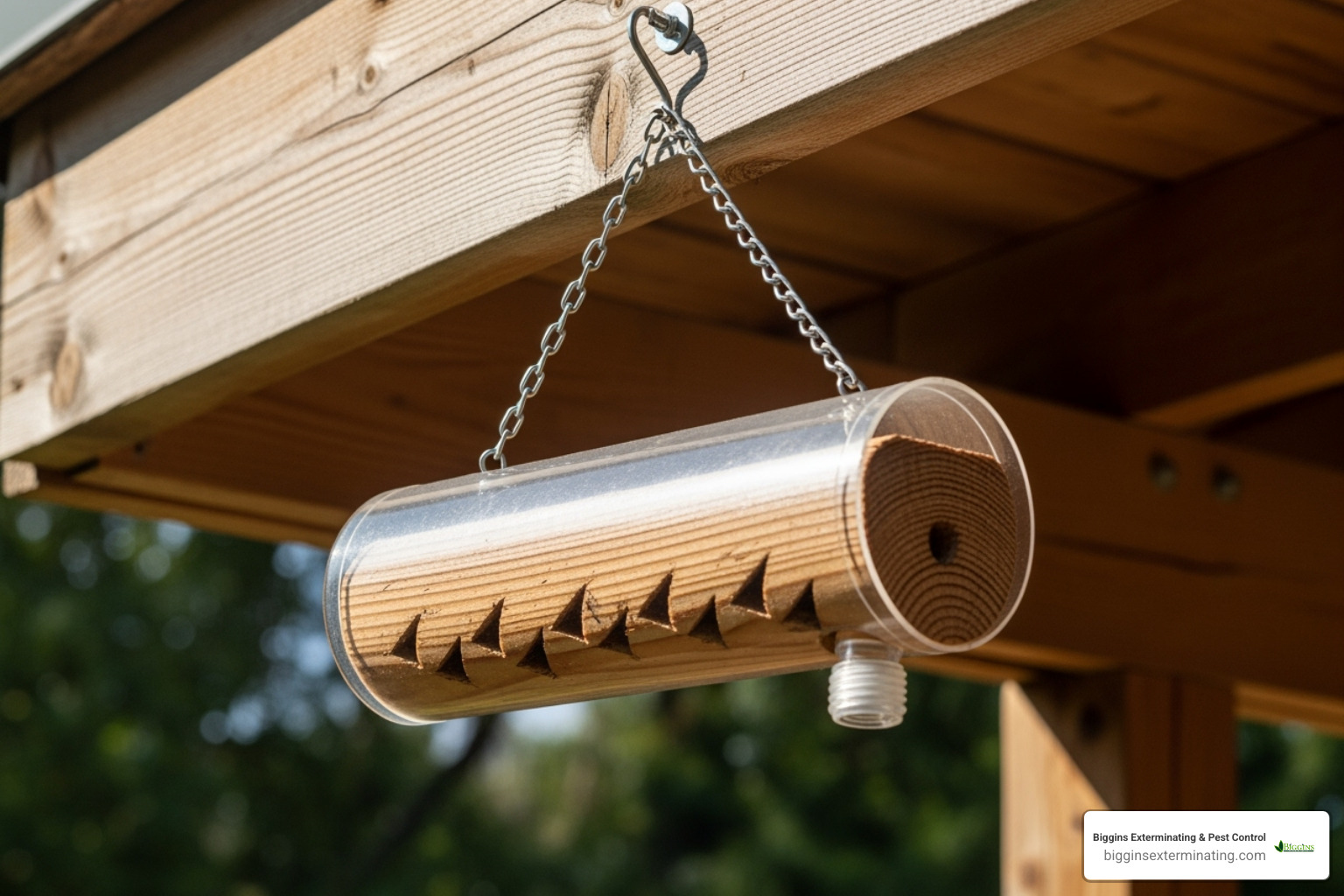 A carpenter bee trap hanging from a porch eave, designed to attract and capture carpenter bees. - best way to fill carpenter bee holes