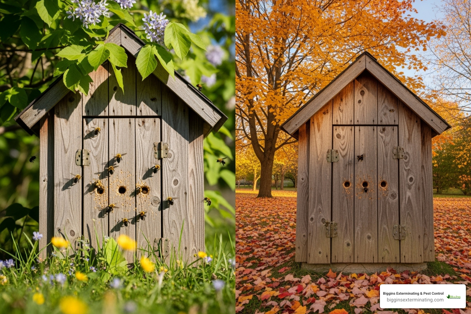 A calendar highlighting spring (March-May) and fall (September-November) as key treatment times for carpenter bees, with notes on bee activity during these periods. - best way to fill carpenter bee holes