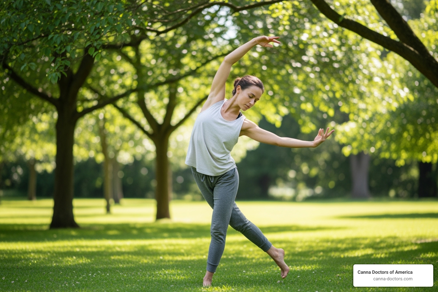a person doing gentle yoga or tai chi in a park - fibromyalgia natural treatment options