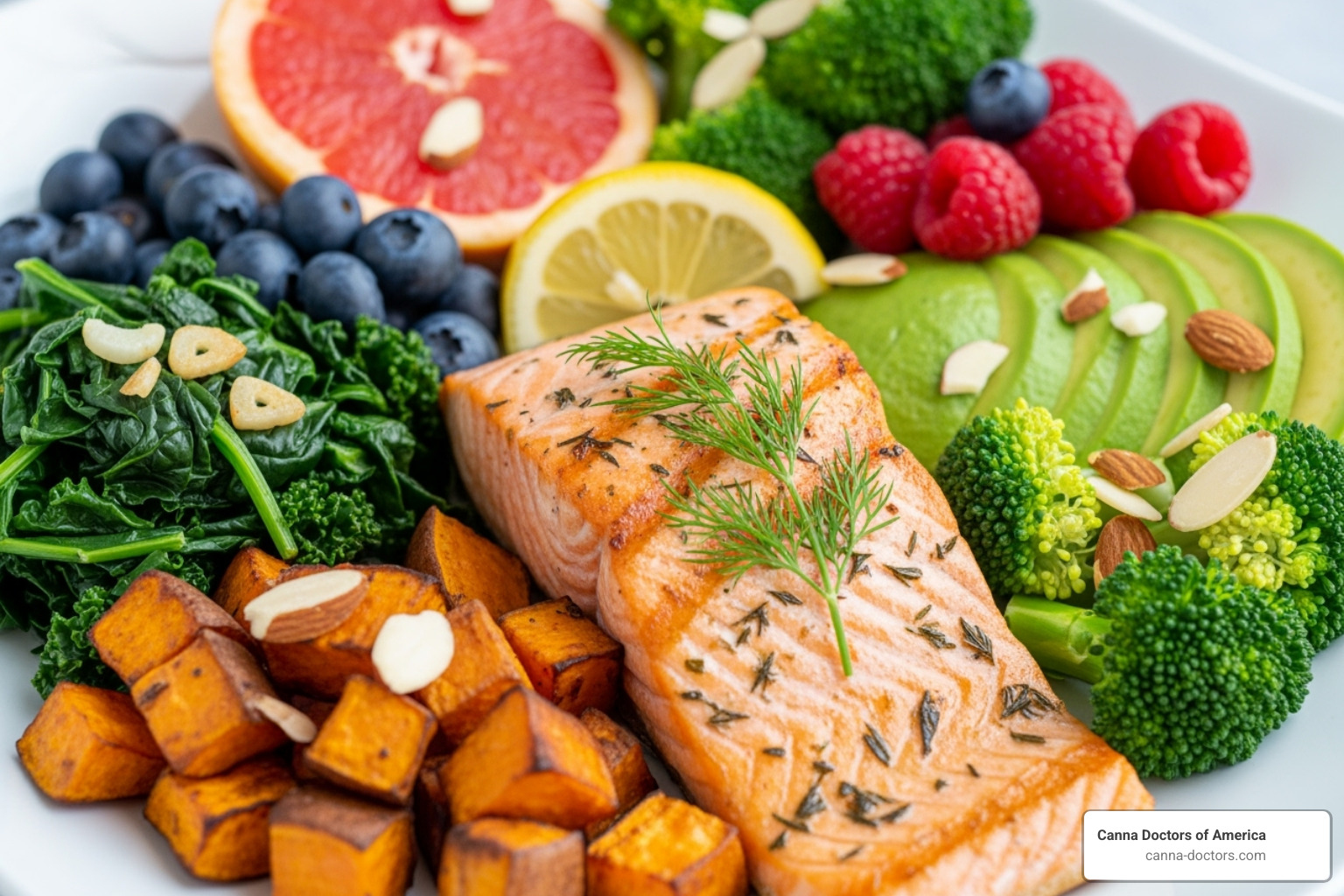 a colorful plate of anti-inflammatory foods like fruits, vegetables, and fish - fibromyalgia natural treatment options