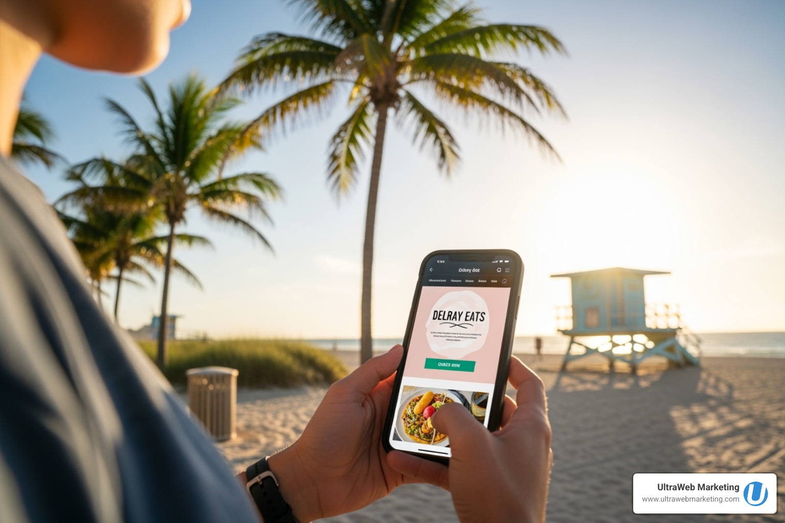 collage of different mobile websites on phone screens, featuring local Delray Beach landmarks in the background - Delray Beach mobile websites collage of different mobile websites on phone screens, featuring local Delray Beach landmarks in the background - Delray Beach mobile websites