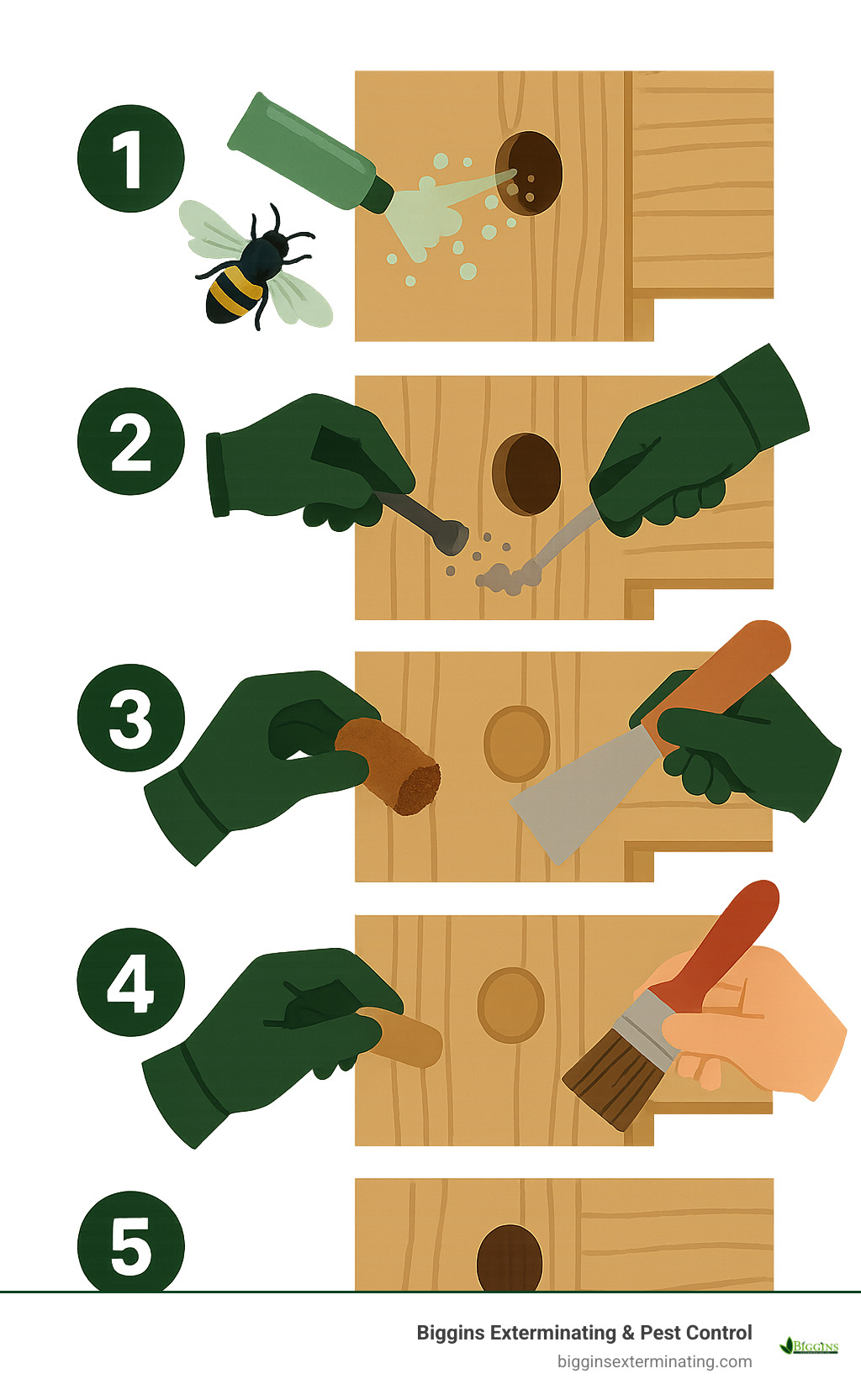 Step-by-step infographic showing the 5-step carpenter bee hole repair process: 1. Treat nest with insecticidal dust, 2. Clean out debris and sawdust, 3. Insert hard plug material like steel wool or cork, 4. Apply wood putty over plug, 5. Sand smooth and apply matching paint or stain - best way to fill carpenter bee holes infographic 
