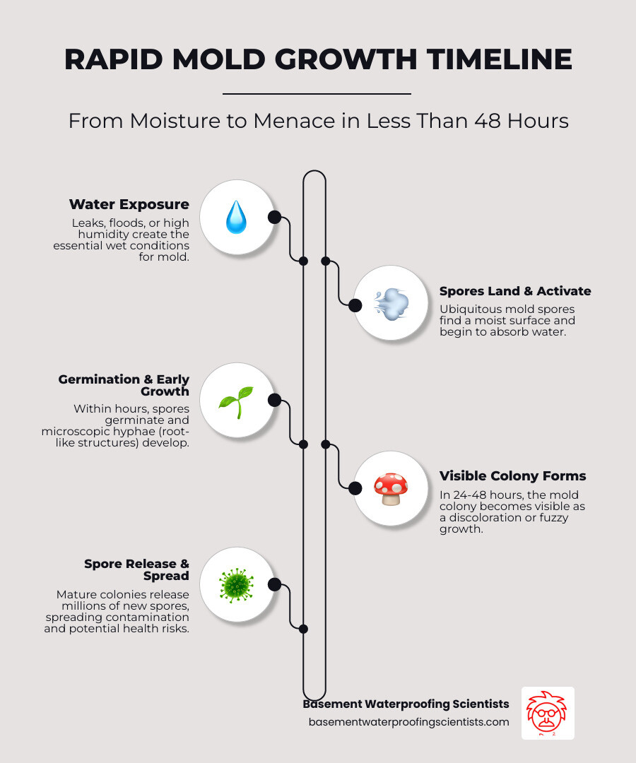 Infographic showing the rapid mold growth timeline from initial water exposure to spore landing on wet surfaces, developing into visible colonies within 24-48 hours, including temperature and humidity conditions that accelerate growth - mold testing remediation infographic infographic-line-5-steps-neat_beige