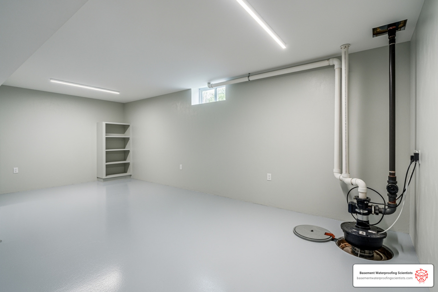 A clean, dry, and brightly lit waterproofed basement with a sump pump visible in the corner - mold testing remediation
