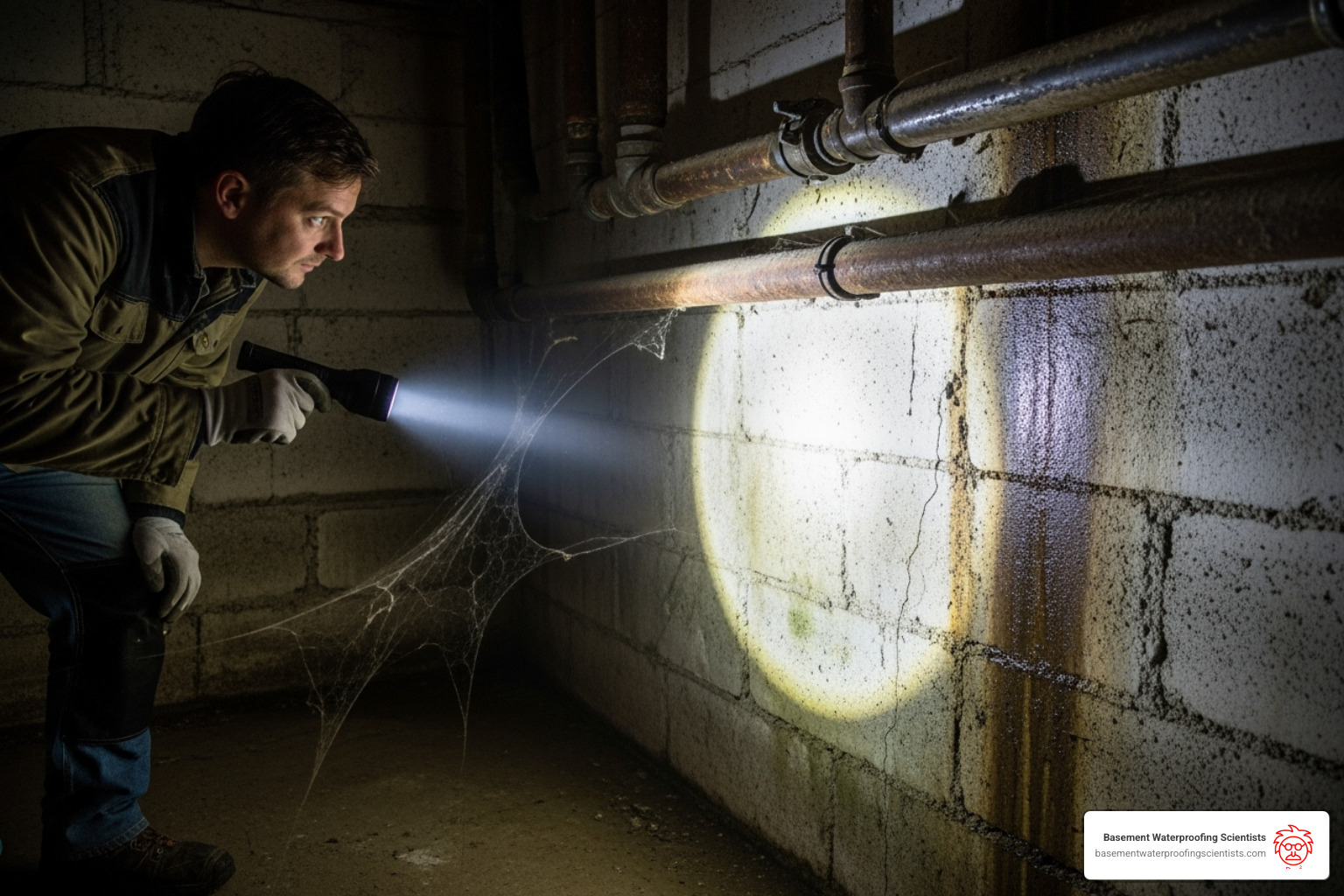 A person using a flashlight to inspect a damp basement wall near some pipes - mold testing remediation