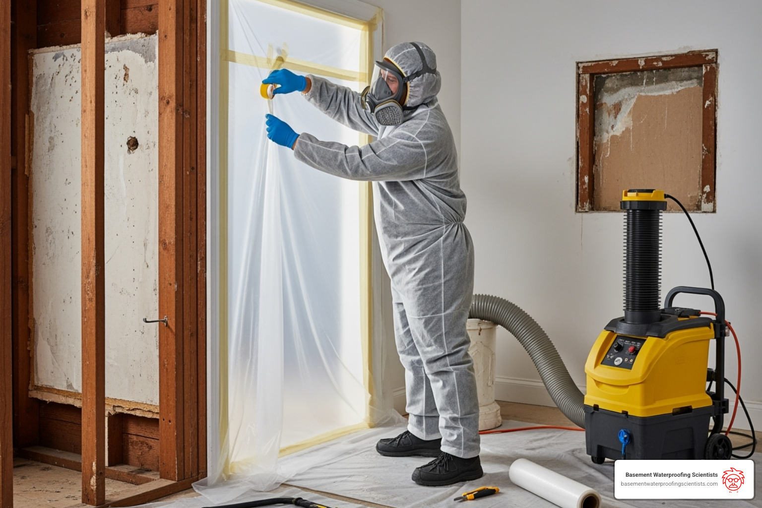 A professional in full PPE gear setting up a containment barrier with plastic sheeting - mold testing remediation
