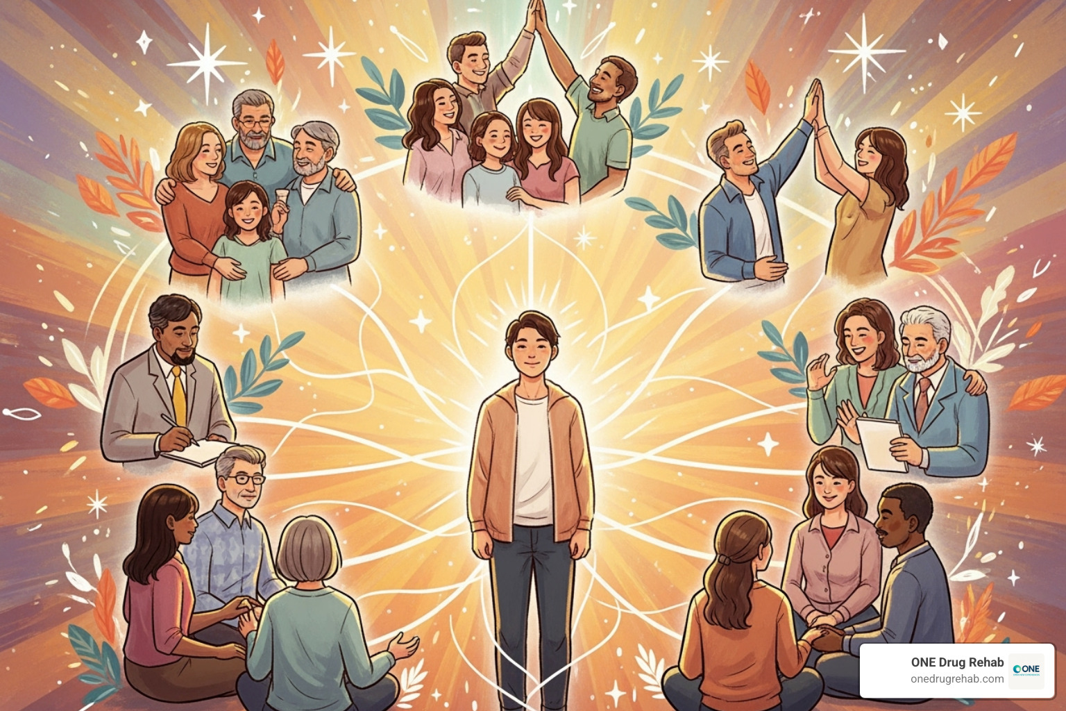 A vibrant illustration depicting a strong network of support systems, including family members, friends, a therapist, and a support group, all interconnected to represent comprehensive aid in recovery. - what percentage of alcoholics recover
