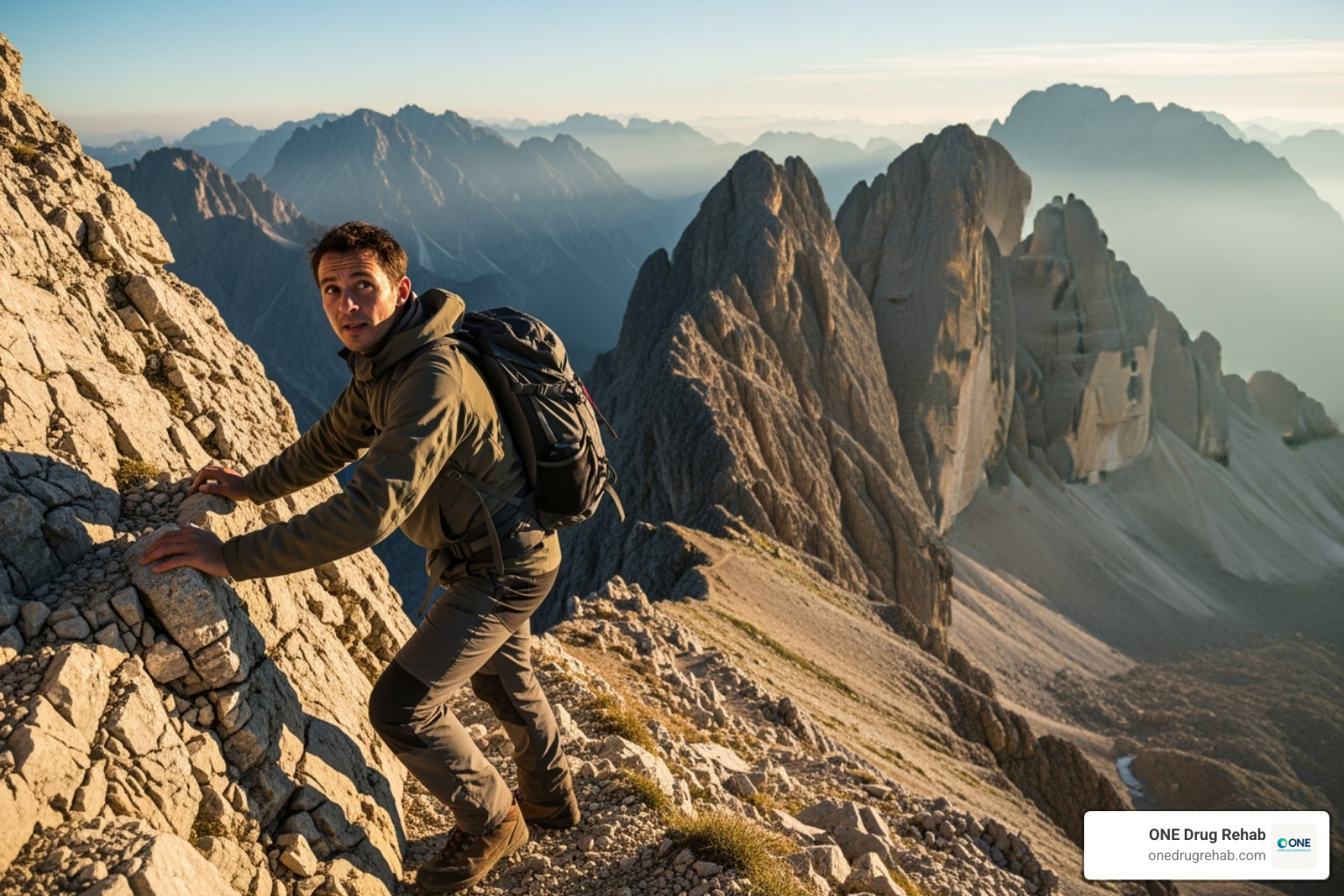 A determined person climbing a steep mountain path, looking back thoughtfully but continuing their ascent, symbolizing resilience and progress in the face of setbacks during recovery. - what percentage of alcoholics recover