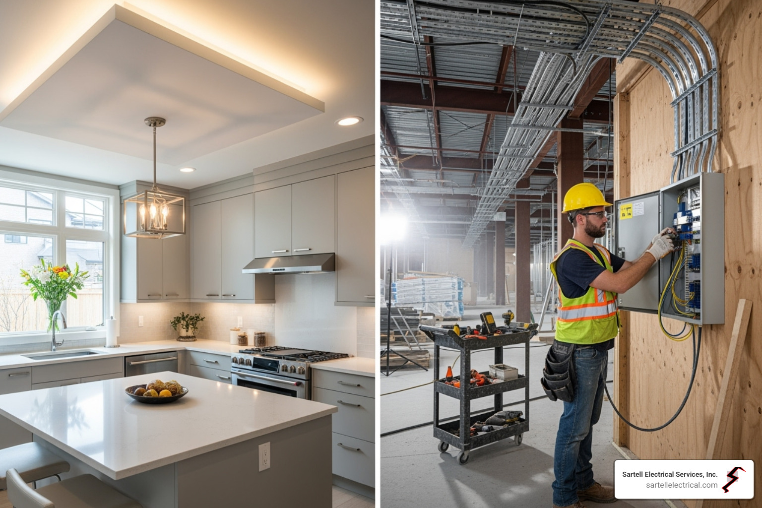 image of a clean residential kitchen with new lighting contrasted with an electrician working in a large commercial construction site - commercial residential electrician