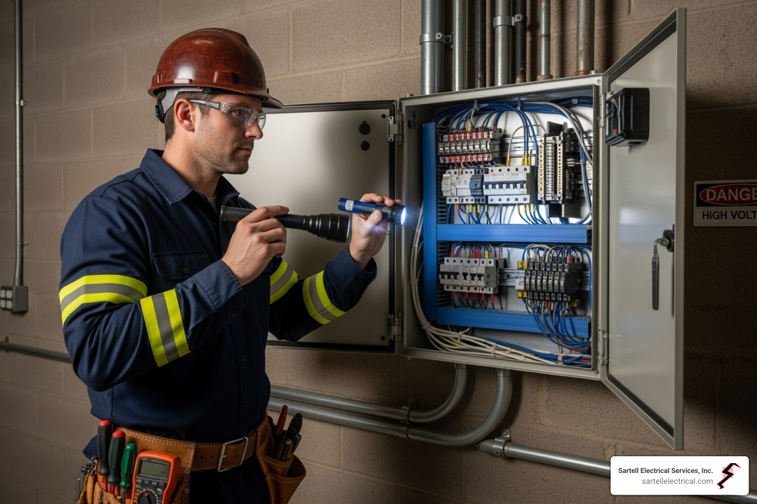 an electrician performing a visual inspection on an electrical panel - Building electrical maintenance an electrician performing a visual inspection on an electrical panel - Building electrical maintenance