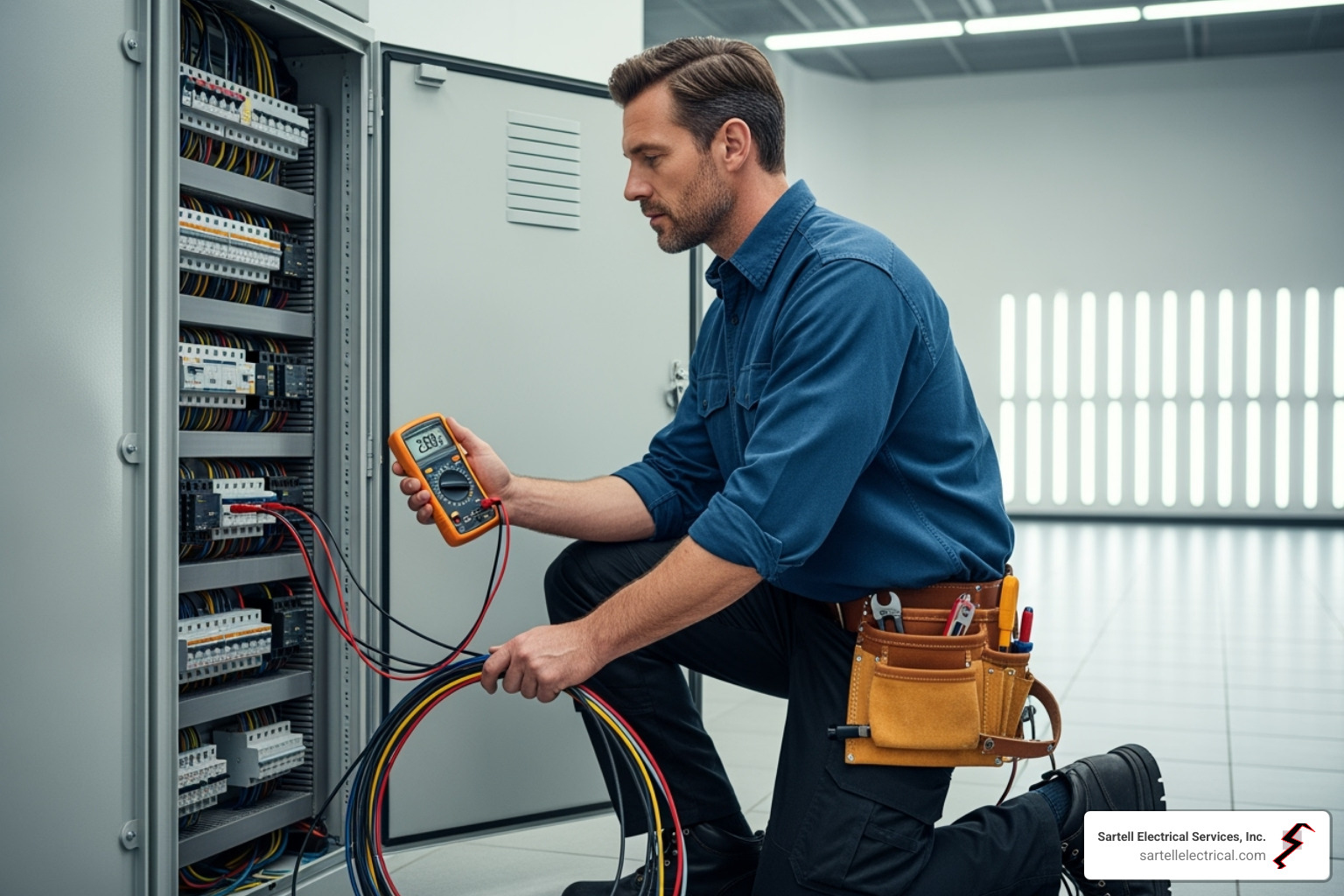 an electrician using a multimeter to test a circuit - Building electrical maintenance an electrician using a multimeter to test a circuit - Building electrical maintenance